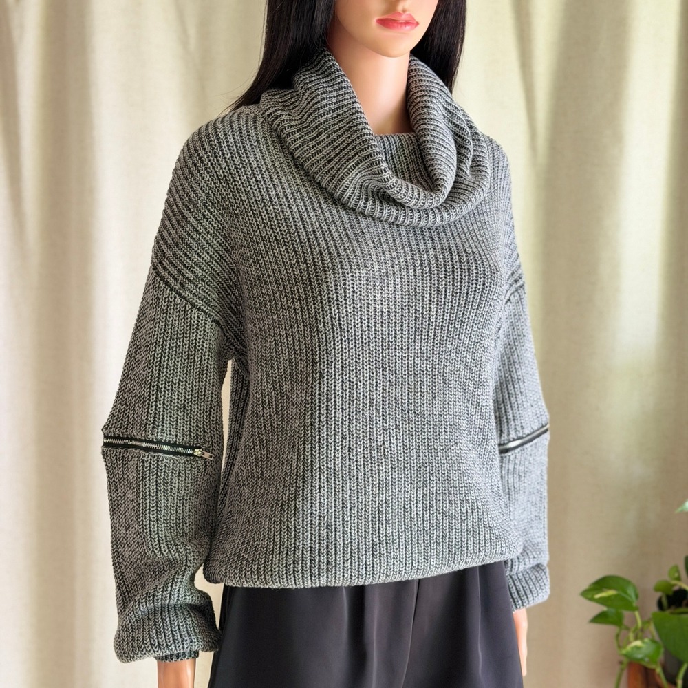 VICI Grey Marled Cowl Neck Ribbed Sweater M Zipper Sleeve Detail Grunge Gorpcore